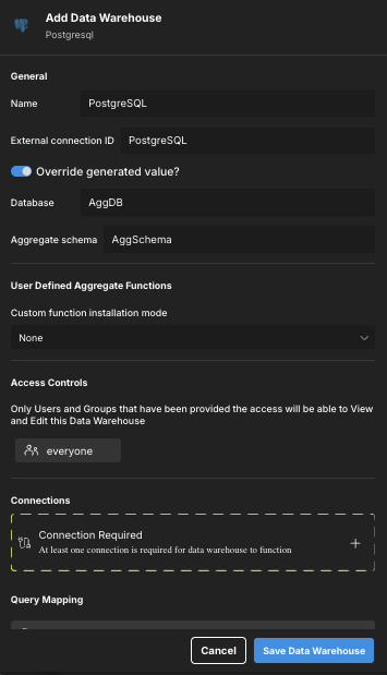 The Add Data Warehouse panel, with data warehouse details filled in.
