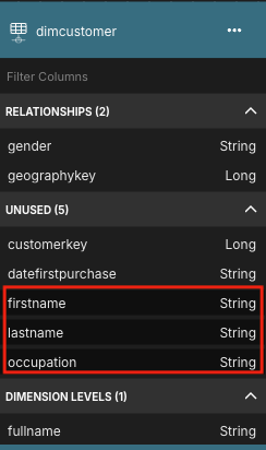 A dimensional dataset, showing multiple selected columns highlighted in black.