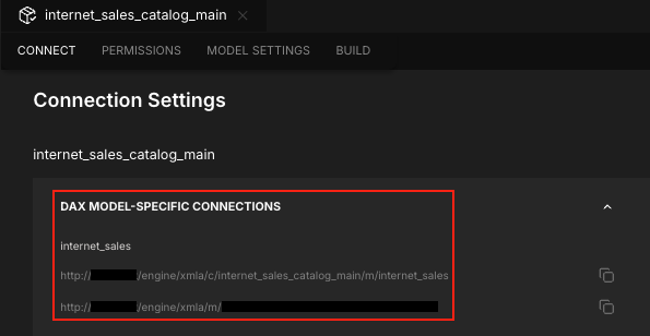 The Connection Settings tab, with the DAX Model-Specific Connections section highlighted.
