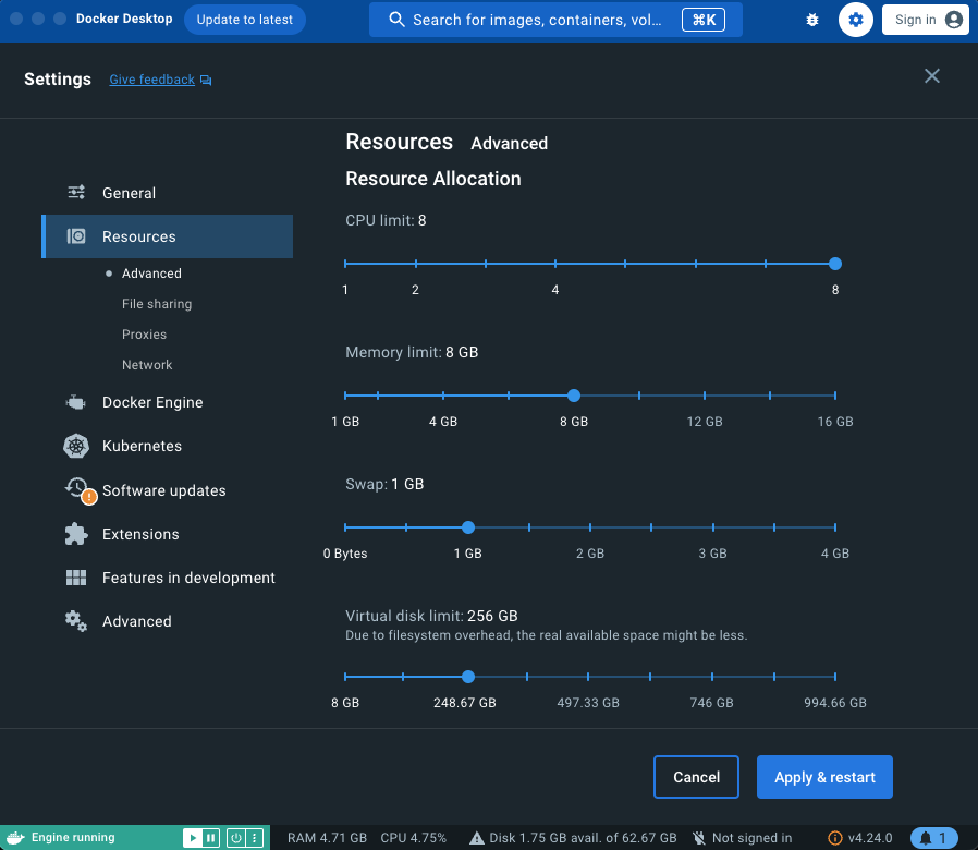 The Resource Allocation settings in Docker.