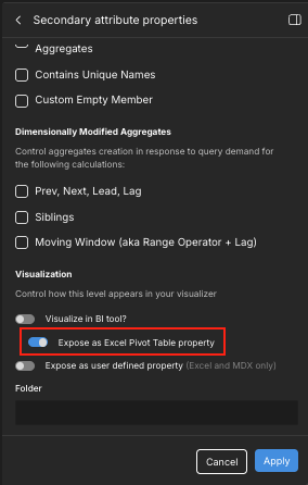 The &quot;Secondary attribute properties&quot; panel, with the &quot;Expose as Excel Pivot Table property&quot; toggle highlighted.