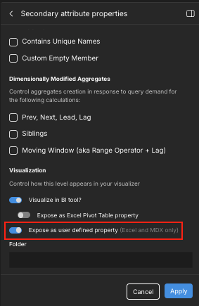 The &quot;Secondary attribute properties&quot; panel, with the &quot;Expose as user-defined property&quot; toggle highlighted.