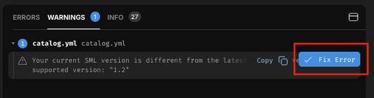 A warning about a new SML version in the Model Validator, with the Fix Error button highlighted.