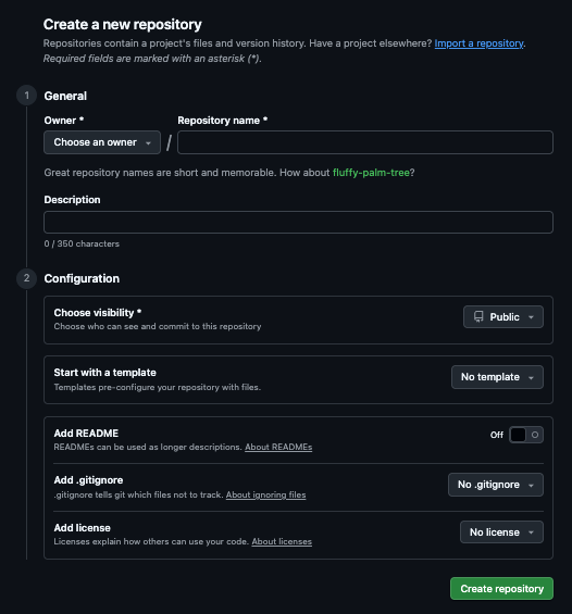 The "Create a new repository" page in GitHub.