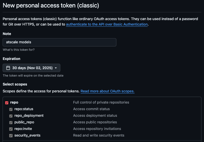 The "New personal access token (classic)" page in GitHub.