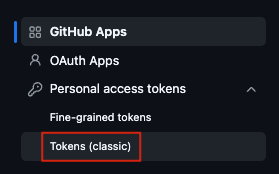 The Developer Settings page navigation in GitHub, with the "Tokens (classic)" option highlighted.