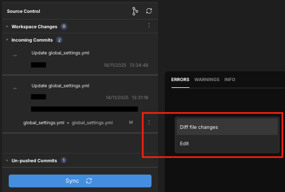 The Incoming Commits section of the Source Control panel, with the context menu for an incoming change highlighted.