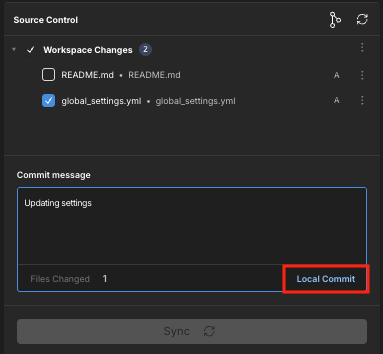 The Source Control panel, showing a commit message and the Local Commit button.