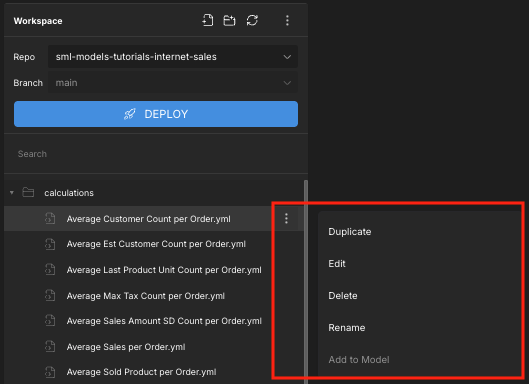 The Workspace panel, with a file's context menu and button highlighted.