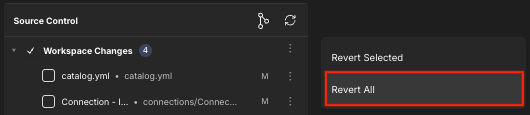 The Source Control panel, with the Revert All menu option highlighted.