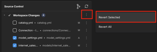 The Source Control panel, with the Revert Selected menu option highlighted.