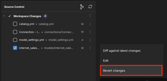 The Source Control panel, with the "Revert changes" menu option highlighted.