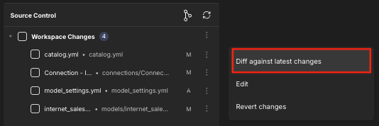 The Source Control panel, with the "Diff against latest changes" menu option highlighted.