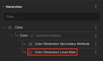 The Hierarchies section of the Model properties panel, highlighting a level alias.