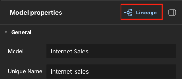 The Model properties panel, with the Lineage button highlighted.