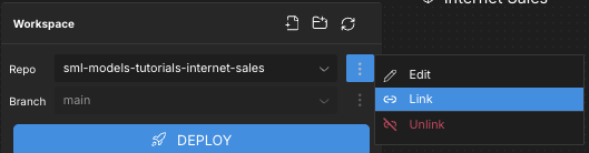 The Workspace panel context menu, showing options for editing, linking, and unlinking Git repositories.