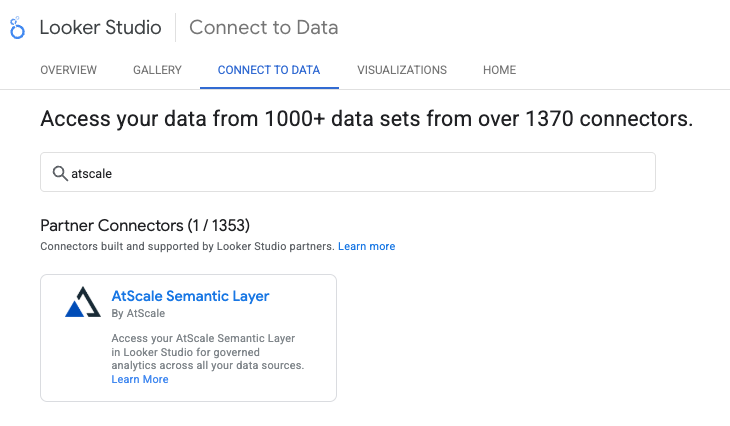 The Looker Studio Connector Gallery, displaying the AtScale Semantic Layer Partner Connector.