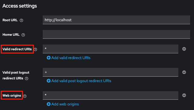 The Access Settings section of the client Settings tab, with the "Valid redirect URIs" and "Web origins" fields highlighted.