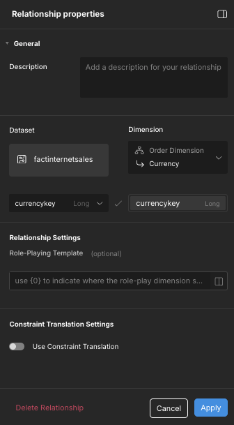 The Relationship properties panel.