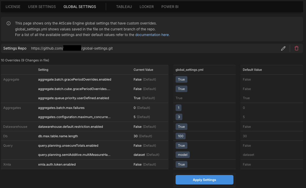 The Global Settings tab of the Settings page.