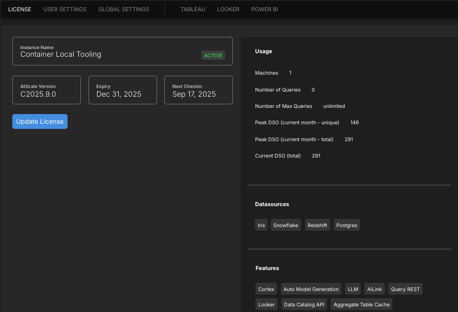 The License tab of the Settings page.