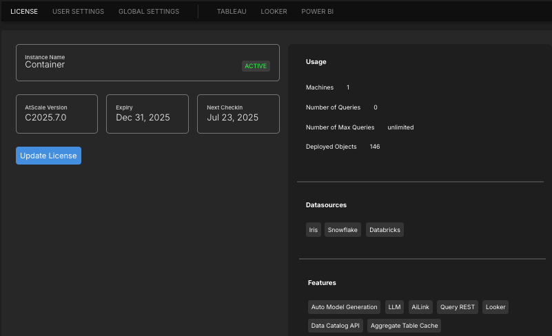 The License tab of the Settings page.