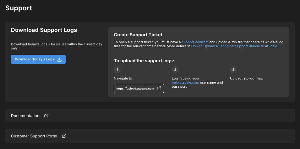 The Support page, showing areas for downloading logs, opening tickets, and accessing the documentation and Customer Support Portal.